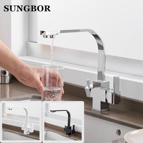Black Square Kitchen Faucets 360 Degree Rotation 3 Way Water Filter Tap Water Faucets Solid Brass Kitchen Sink Tap Water Mixer