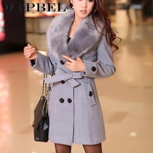 WEPBEL Fur Collar Coat Womens Double Breasted Long Winter Warm Jacket Fur Coat Coat