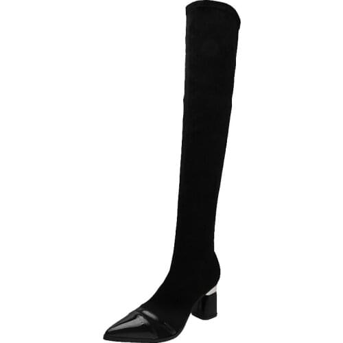 Womens Over-The-Knee Boots For Autumn And Winter 2021 New Wild Thick-Heeled Stretch Fabric High Shoes Flock With Thin Boots