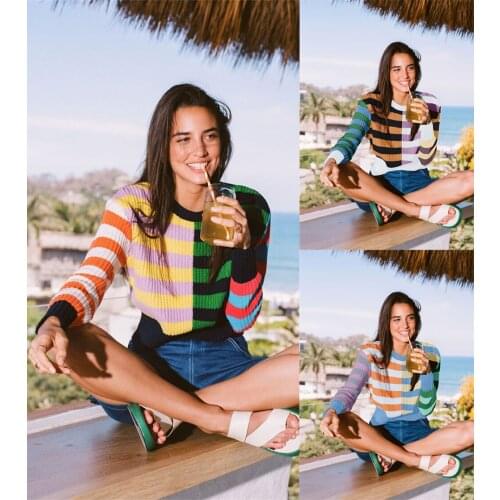 2021 new striped loose temperament commuter round neck pullover sweater women stitching European and American sweater women