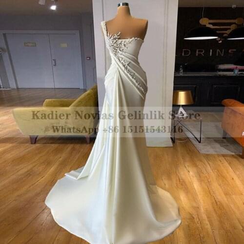 Womens Custom Made Long White Mermaid One Shoulder Wedding Dresses 2021 with Pearls Beaded Robe De Mariee