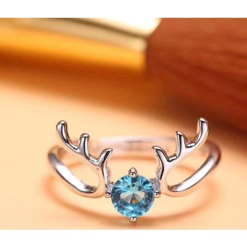 Natural blue topaz gem Ring Natural red garnet ring S925 sterling silver trendy Delicacy Lovely deer women girl gift Jewelry