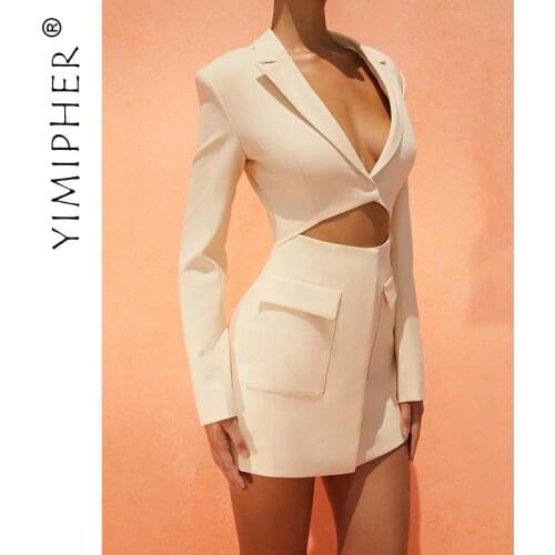 2021 Long Sleeve Blazer Dress for Women Notched Collar Deep V Hollow Out Buttons Mini Jacket Dresses Fall Office Elegant Fashion