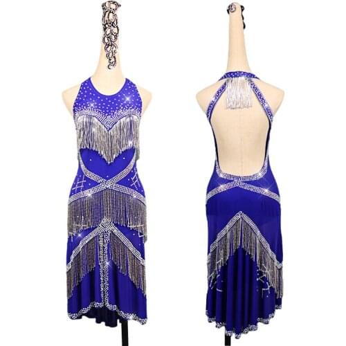 Silver Bright Bead Tube Latin Dance Dress Women Adult Professional Blue Tassels Dance Skirt Performance Competition Costume