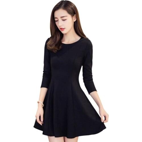 Elegant Dress Women Retro Round Collar Fashion Long Sleeve Dresses Solid Color High Waist Long Casual New Dress Vestidos