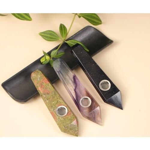 1PC Natural Crystal Pipe Quartz Treatment Stick Crystal Point Smoking Pipe Tobacco Weed Fitting Metal Filter Gan Gift