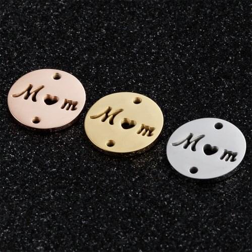 10pcs/Lot Stainless Steel Mirror Polish Mom Round Charm Connector Two Holes For DIY Necklace Bracelet Accessories 15mm