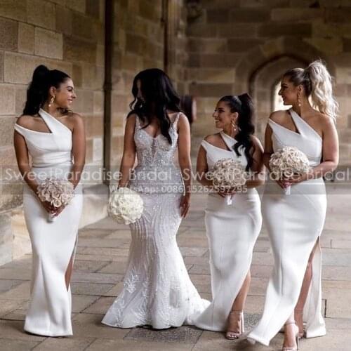 White Double One Shoulder Bridesmaid Dresses With Side Split Mermaid Women Long Wedding Party Dress Formal