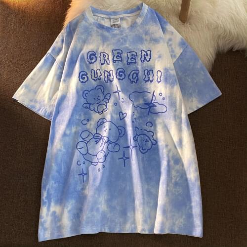 Summer womens short-sleeved vintage Female t-shirt harajuku Streetwear Y2k Top tie-dye oversized Tshirts letter print clothes