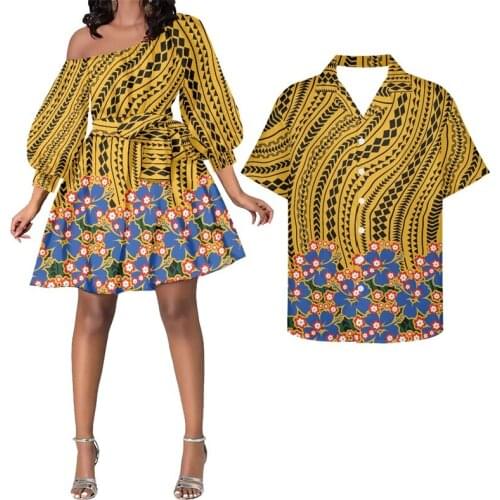 Hycool Low Price Polynesian Tribal Design Oblique Shoulder Orange Dress Casual Long Sleeve Lady Party Dating Flared Short Dress