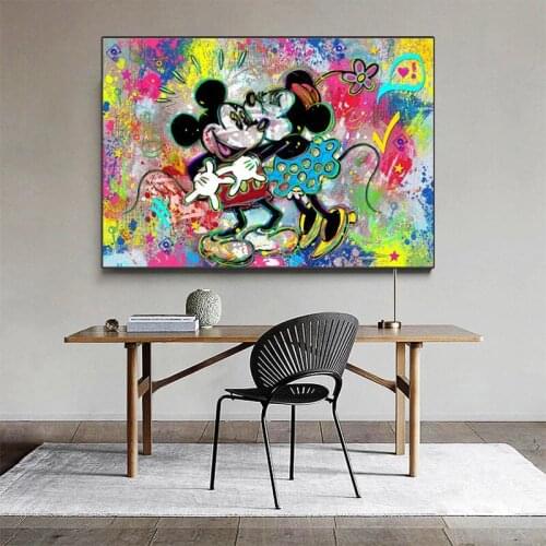 Canvas Paintings Graffiti Mickey Minnie Anime Disney Mickey Love Kiss Cartoon Poster Prints Wall Art Pictures Hoom Decoration