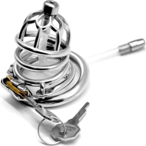 Penis Captivity Cage Bird Cage Stainless Steel Chastity Lock Cage Catheter and Barbed Anti-off Ring Sex Ring for Men G264F