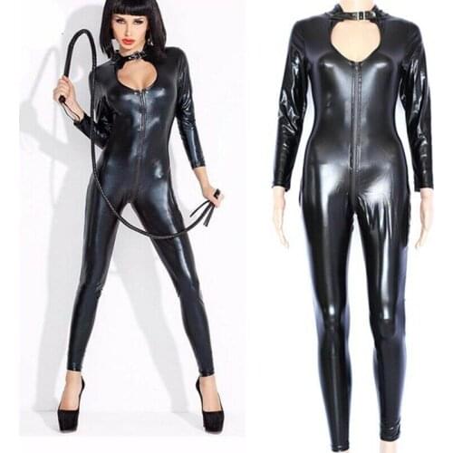 Sexy Women Patent Leather Catsuit Long Zip Breast Exposing Bodycon Jumpsuit Bodysuit Clubwear Cat Woman Role Play Costume