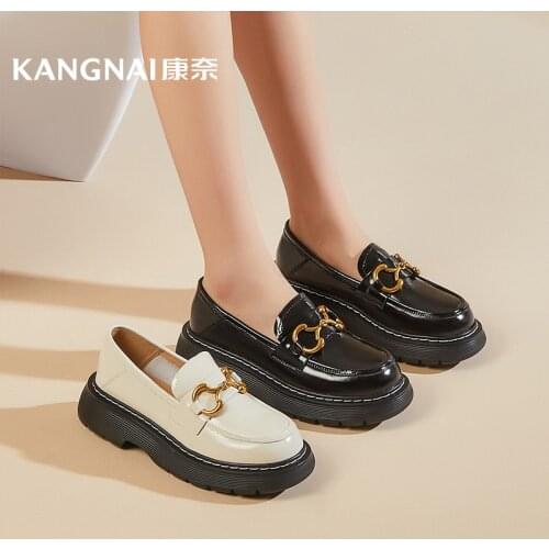 KANGNAI Chunky Loafers Women Genuine Cow Leather Round Toe Slip-On Horsbit Metal Decoration Flat Platform Ladies Shoes