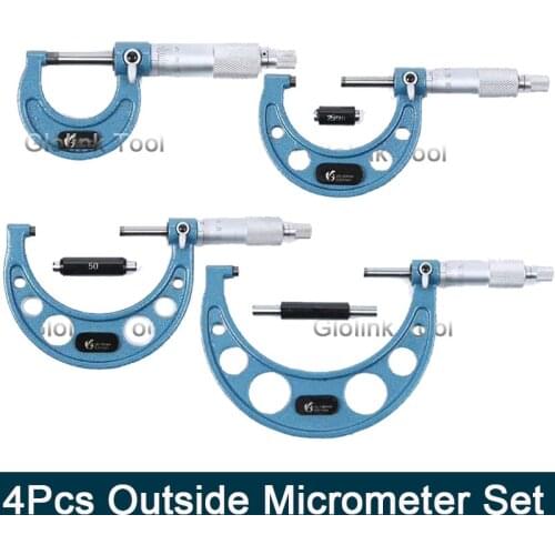 0-25mm/50mm/75mm/100mm/0.01 Outside Micrometer Set Carbide Tipped Metric Gauge Screw Thread Caliper 4Pcs Measuring Tools