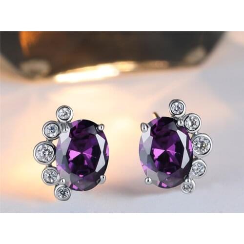 Cute Oval Zircon Purple Crystal Stone Stud Earrings For Women Wedding Jewelry Vintage Silver Color Rainbow Birthstone Earrings