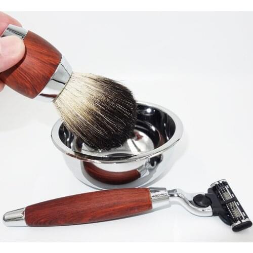 WLONG Mens Shaving Brush and Bowl with Black Pure Badger Hair Lather Soap Mug Cup Germany Original Mach 3 Razor Blade