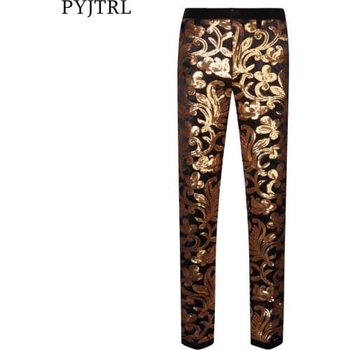 PYJTRL Men Golden Sequins Velvet Casual Pants Floral Shiny Wedding Groom Singer Expandable Waist Trousers