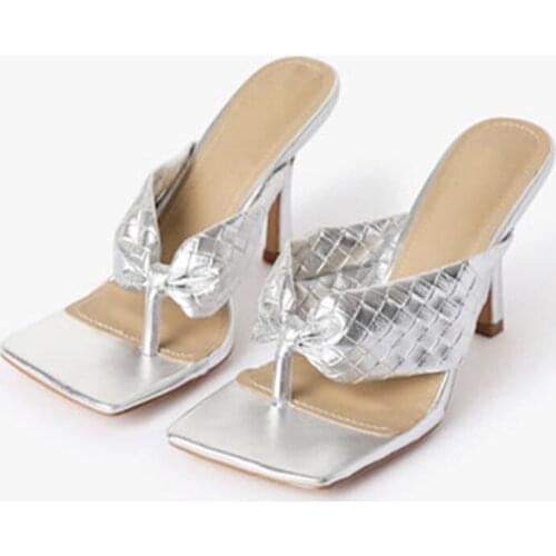 Summer 2021 fashion new shiny material bright color flip-toe high-heeled sandals plus-size womens shoes