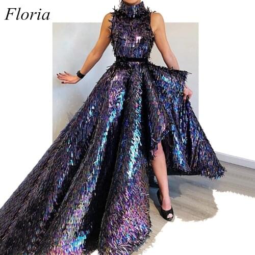 New Arrival Special Celebrity Dresses 2019 High Neck Sleeveless Sequin Asymmetrical Dubai Evening Prom Party Red Carpet Gowns