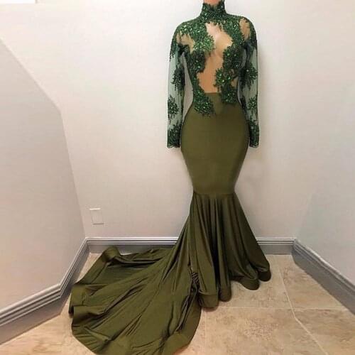Olive Green 2021 Mermaid Prom Dresses Full Sleeves Appliques Crystal African Long Prom Gowns Lace Aso Ebi Nigeria Formal Dress