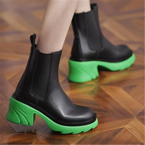 2021 Autumn British Style Leather Ankle Boots Women Round Toe Thick Sole Chelsea Boots Young Lady High Heel Street Fashion Shoes