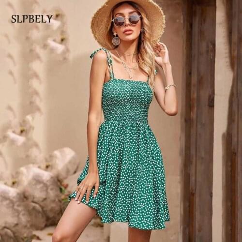 SLPBELY Polka Dot Sling Dress For Women Summer Sexy Spaghetti Strap Vacation Casual Vintage Shirred Cami Dress Vestido Sundress