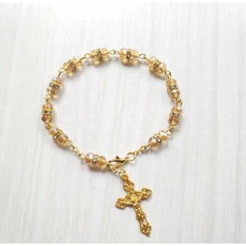 QIGO Champagne Crystal Strand Bracelet Metal Gold Jesus Cross Pendant Bracelet Religious Jewelry