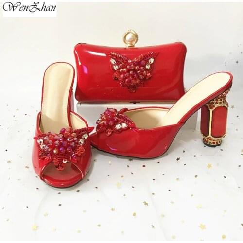On sales! Luxurious Glasses High Heel Shoes Matching With Elegant Red Handbags Fashion Style Shoes And Bags to match set 37-42