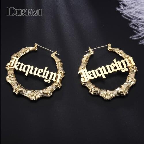 DOREMI Stainless Steel Bamboo Hoop Earrings Customize Name Earrings Bamboo Style Custom Hoop Earring With Statement Words Number
