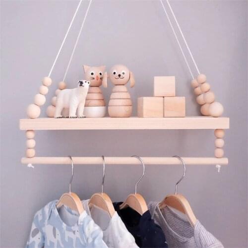 Nordic Wooden Wall Shelf With Clothes Rack Children Room Craft Storage Double Layer Rack Rope Wall Hanging Kid Bedroom Decor
