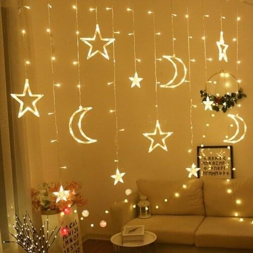LED Star and Moon Curtain Light 3.5M 220V Fairy Tale Christmas Wreath Bedroom Courtyard Party Decoration Flashing String Lights