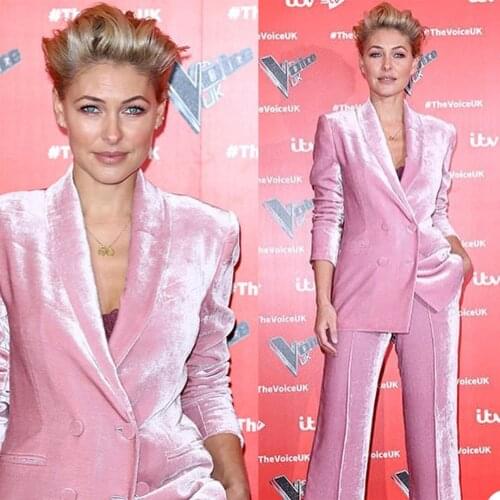 Velvet Fashion Pink Blazer Suits 2 Pieces Long Sleeve Double Breasted Pants Outfits Evening Party Wedding Formal Wear