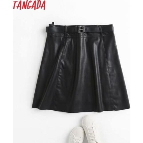 Tangada 2020 autumn winter women black faux leather skirts with belt decorate zipper female mini skirt 4C75
