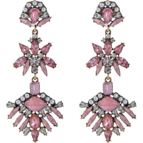 Romantic New Pink Crystal Flower Shaped Hollow Pendant Simulated Pearl Long Drop Earrings for Women Girls Fashion Jewelry