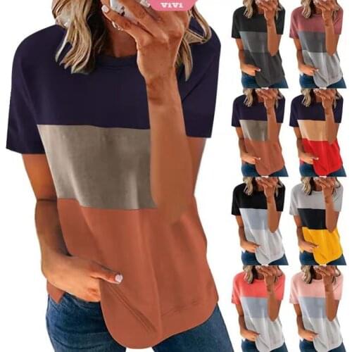 Summer Womens Round Neck Pullover Loose Short-sleeved SShirt T-shirt Hit Color All-match T-shirt