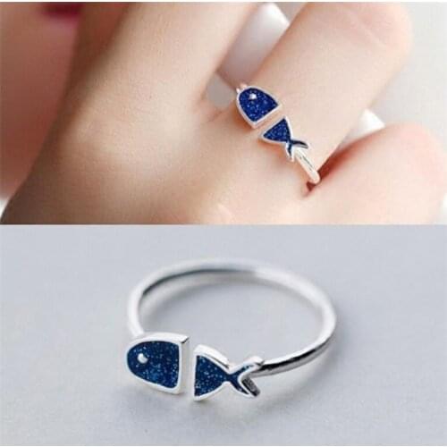 Season Gate 925 Sterling Silver Fashion Cute Little Blue Fish Adjustable Size Open Ring for Women Girls SR024