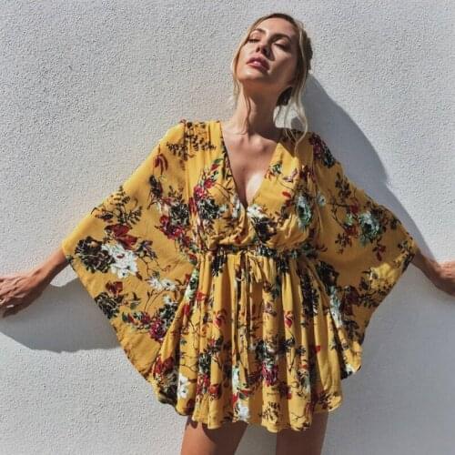 Happie Queens women yellow floral print deep v-neck bohemian mini dress ladies batwing sleeve boho rayon short dresses vestido