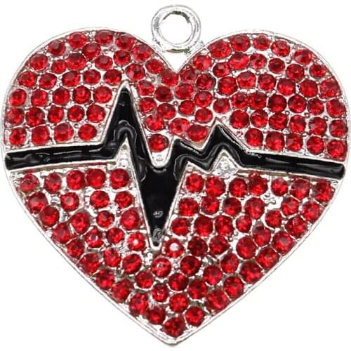 10pcs/lot Fashion Jewelry Rhinestone Heart Shape With ECG Pendant For Necklace