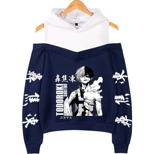 2021 Anime My Hero Academia Hoodies Female Off Shoulder Sweatshirt Womens Pullover Harajuku Streetwear Shoto Todoroki Clothes