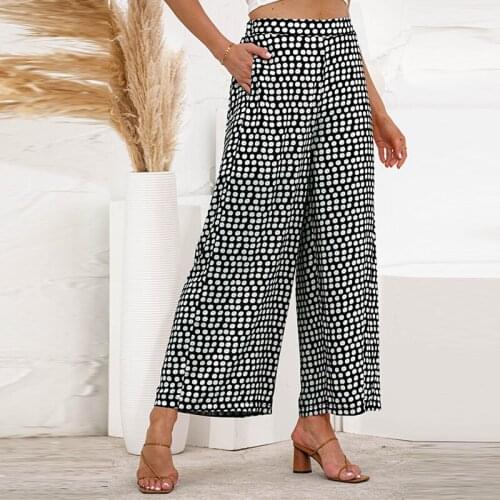 2021 Casual Womens Summer Wide Leg Long Trousers Vintage Elegant Lady High Waist Chiffon Loose Polka Dot Pants Female Plus Size