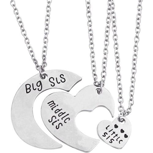 3pcs/set Little Middle Big Sis Necklace Pendants Sister Necklace Women Gold Love Heart Jewelry For Best Friends Gift