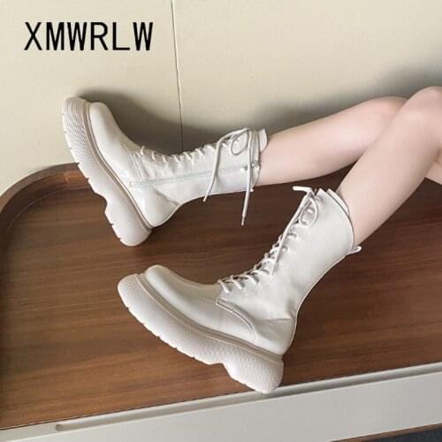 XMWRLW Patent Leather Fashion Women Autumn Winter Boots Thick Sole Punk Shoes Women Mid-Calf Boots 2021 High Heels Woman Shoes