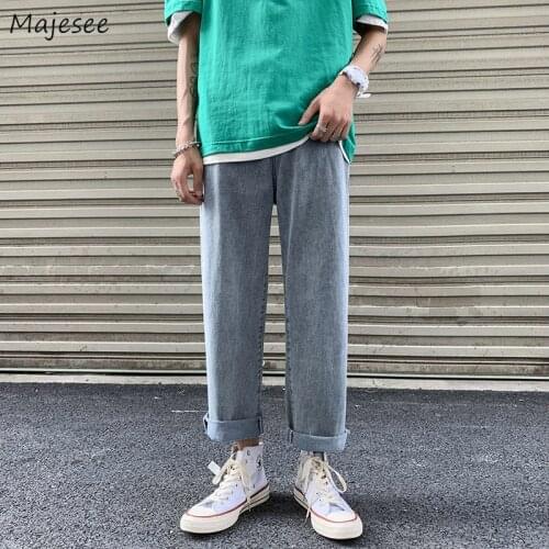 Men Elastic Waist Jeans Solid Ankle Length Loose Leisure Teenagers Trendy Korean Style Soft Large Size S-3XL Vintage New-arrival