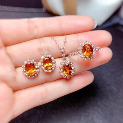 New Briza Citrine Jewelry Set Ring Pendant Earrings for Women Inlaid Pave CZ Yellow Gemstone Necklace Earrings Student Party Gif