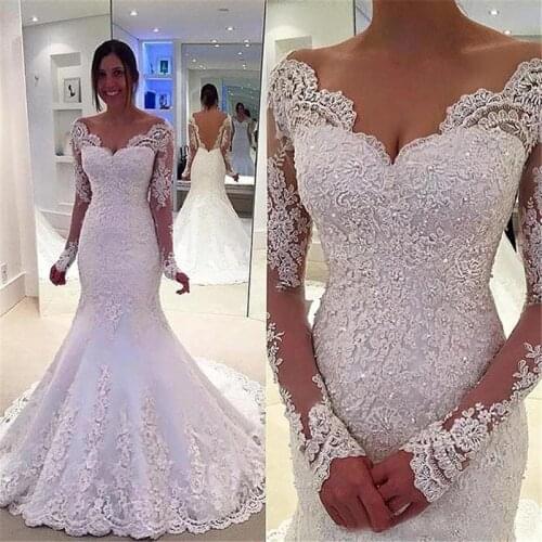 Lace Mermaid Wedding Dress African Bride Gowns Appliques Long Sleeve Deep V neck Sweep Train Princess Dresses