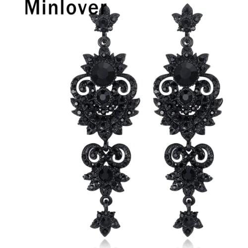 Minlover Retro European Style Black Chandelier Rhinestone Luxury Flower Long Drop Earrings for Women 2019 Fashion Jewelry EH938