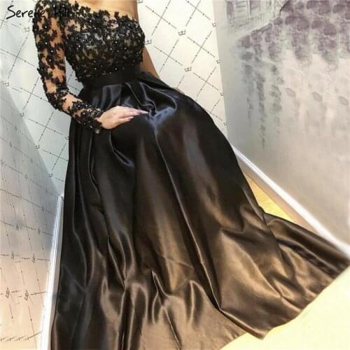 Black Off Shoulder Sexy A-Line Evening Dresses 2021 Handmade Flowers Crystal Satin Formal Dress Serene Hill LA70038