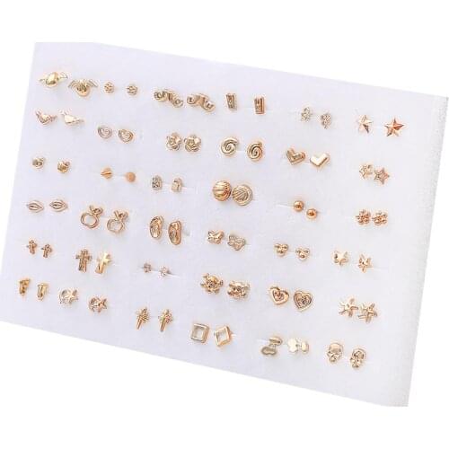 36 Pairs Randomly Mixed Style Women Anti Allergic Star Bow Love Heart Stud Earrings Set Gold Color Flower Plastic Small Earring
