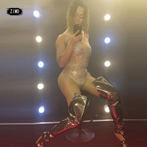 New Sexy Stretch Ab Rhinestone Crystal Sleeveless Bodysuit Women Bar Club Pole Dance Costume Bodysuit Women Nightclub Stage Show